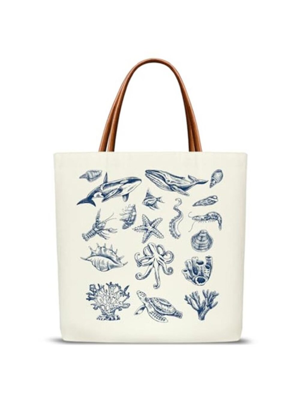 Coastal Sea Life Canvas Tote Bag for Women Ocean Reusable Shoulder Beach Tote